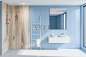 Sink and shower in blue bathroom, ladder