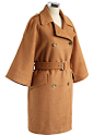 Mellow Charisma Wool-Blend Coat in Caramel : Grace and sheer CHIC is in order when you toss on this wool-blend coat in caramel! Its dramatic cropped sleeves, belted waist, and sweet caramel hue make it a gorgeous statement piece.

- Belt accompanied
- Epa