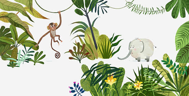 手绘猴子大象森林高清素材 创意插画设计 ...