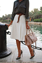 Classics : She's a lady: Flowing white skirt paired with a refined blouse and matching pumps. www.topshelfclothes.com