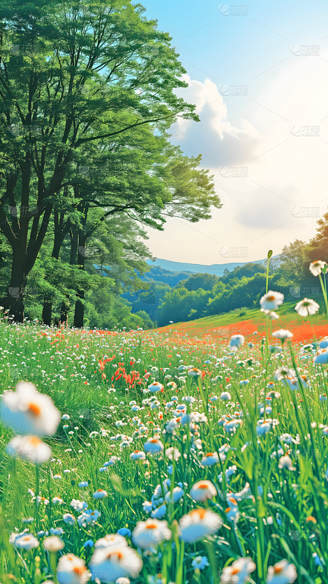 春天春季春日3D立体C4D实景旷野花田场...