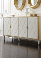 TOP PICK By Beth Dotolo + Carolina V Gentry - http://pulpdesignstudios.com - BERNHARDT - Jet Set Buffett/ 356-132C - White Pearl finish on maple veneers. Gold Leaf finish on the front frame. Four doors wrapped in padded diamond-tufted white bonded leather