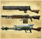 Dieselpunk rifles.  Spaceship, pulp retro futurism back to the future tomorrow tomorrowland space planet age sci-fi airship steampunk