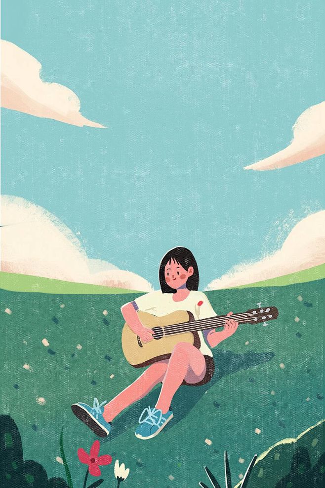 草地女孩弹吉他插画