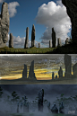 《勇敢传说》(2012)影片导演之一布伦达·查普曼曾率领制作人员亲临苏格兰采风，而被认为是苏格兰最古老未解之谜之一的刘易斯岛卡兰尼什巨石群，便是片中梅莉达发现的环形巨石阵的原型。上图就为我们清晰展现了从实景到概念图再到成品画面的转变过程。