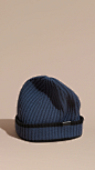 亮海军蓝/黑色 棱纹羊绒镶边毛线帽 