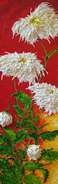 White Mums on Red Original Palette Knife Impasto Oil Painting: 