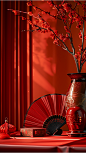 桌子上放着一把红色的折扇，旁边放着几颗红梅，背景比较模糊，好像在举行婚礼。中国的新年海报创造了一个独特的场景。春节气氛，喜庆，特写，高端，静物拍摄--ar 34-v 6 (17)