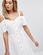 Warehouse Cold Shoulder Button Front Midi Dress at asos.com : Discover Fashion Online