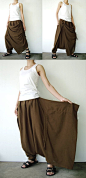 NO.26  Greenish Brown Cotton Asymmetric Harem Pants.: 