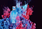 Fragrances shot for SID Magazine : fragrances in water surrounded by paint