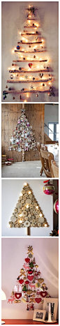 【圣诞节】使用挂饰，各种材料做成圣诞树怎么样？有不同的感觉，自己创意独一无二的圣诞树。