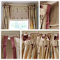 These beautiful embroidered silk hand-gathered curtains were bordered on three sides (top, hem and leading edge) with a complementary polyester gros grain fabric.   As this hand-gathered heading is designed to prettily fall forwards from the pole and ring