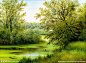 美丽的柳树河水风景布画