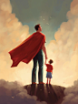 A father, with Superman's red cape, Father's Day,Pixar style,