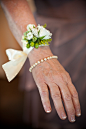 wedding, floral wristlet, green berries, white and green flowers