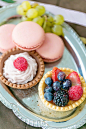 wedding food ideas; pink macarons and tarts