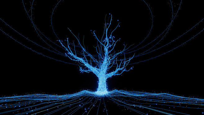 蓝色科技发光粒子树,抽象数字化植物
