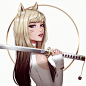 General 2100x2100 League of Legends Riot Games Yajuu Ahri (League of Legends) KDA Ahri video game girls video game characters women fox girl blonde fox ears purple eyes looking at viewer katana artwork fan art illustration digital art