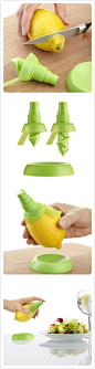 [【创意】 柠檬喷雾器可以把柠檬变成调味的喷雾器。] 柠檬喷雾器是一款调味辅助产品，可以把柠檬变成一个调味儿的迷你喷雾器。使用时需要把柠檬的顶部削掉一小块，然后把带有螺纹的尖头插入柠檬中，直到硅胶环盖住水果。接着轻轻挤压柠檬，让柠檬汁进入喷雾器中，然后你就可以把柠檬汁喷到沙拉、鸡尾酒或其它饮料当中去了。喷雾器一共有两种型号，长款适用于用桔子和柚子等水果，短款适用于酸橙、柑橘等小型水果。