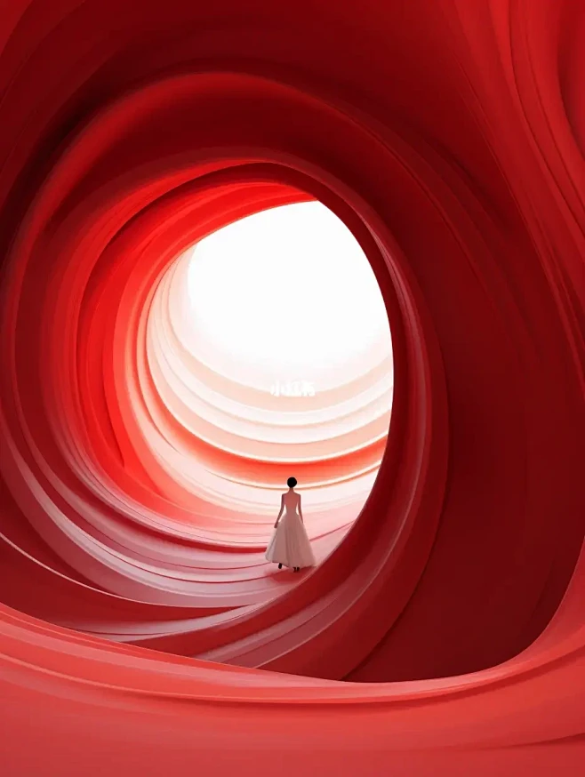 红白洞穴展览，未来派彩色波浪风格，宁静的...