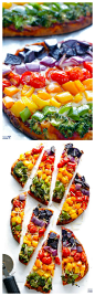 Rainbow Veggie Flatbread Pizza -- super easy, healthier and SO good! gimmesomeoven.com #pizza #rainbow