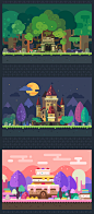 Set of fantastic backgrounds : Set of fantastic backgrounds for the game: magic forest with ancient temples, night castle, candy land. Vector flat illustrations