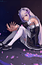 re:zero kara hajimeru isekai seikatsu emilia (re:zero) emilia hfp～kubiao high resolution 1girl apron black shoes braid breasts butterfly detached sleeves female flower garter garter straps grey hair hairband hair flower hair ornament hair ribbon happy hea