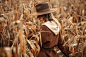 Style woman on corn field in autumn time season摄影照片
