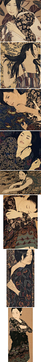 Ikenaga Yasunari，日本画家池永康晟擅长以浮世绘风格来作画，他利用麻布、胶水、颜料、墨水等材料，用极细腻的古老而传统的手法描绘许多近代女子，她们的表情和姿态营造出一种“梦幻的氛围”，画作展现了他精湛的织物图案设计天赋。