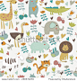 Seamless background with Africa animals. Cute tiger, alligator, lion, elephant, rhino, hippo, ostrich, birds, flowers, butterflies  and zebra in cartoon style.