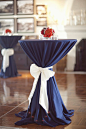 If we have high top tables: solid blue tablecloth with white ribbon to off set the stripes and chevron: 