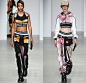 Nasir Mazhar 2014-2015 Fall Autumn Winter Womens Runway Looks - London Fashion Week Catwalk England British UK - Denim Jeans Metallic Foil Urban High End Streetwear Sporty Crop Top Midriff Sweater Jumper Gas Mask Multi-Panel Patchwork Backpack Hoodie Swea