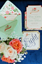 Eclectic Navy, Mint, and Peach Wedding Invitation: http://theeverylastdetail.com/eclectic-navy-mint-peach-wedding-ideas/