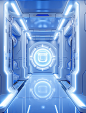 the space station with white lights and blue lights, in the style of simplicity, monochromatic color palettes, adventurecore, chad knight, mirror rooms, passage, chuah thean teng, ps1 graphics