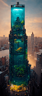 aerial view of a giant fish tank shaped like a tower in the middle of new york city, 8k octane render, photorealistic