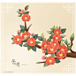 中式花纹边框鲜花植物水彩插画