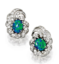 Pair of Platinum, Black Opal and Diamond Earclips, Retailed by Harry Winston, Circa 1950