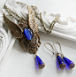 WINGS OF FAITH romantic Victorian fantasy necklace in aged brass and cobalt blue, matching earrings included, gift boxed