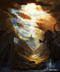 dragon and castle游戏场景原画：最棒的配色方案作品，完美的倾斜角度。远处阳光透过厚厚的积云照耀下来，山谷和城堡一片亮堂，近处的山石和浓厚的云层压成一个圈，像一个纵伸的山洞般。