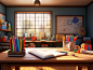 A blackboard, pencils, pens and an open book are on a table, in the style of vray tracing, playful cartoonish scenes, northwest school, realistic rendering, softbox lighting, soft and rounded forms, relatable personality