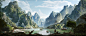 General 3440x1440 mountains lake valley waterfall mist