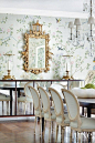 Gracie wallpaper and gorgeous gold lamp in dining room: 
