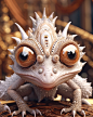 a cute creamy colored crystal creature with a small adorable mouth, brown and metallic copper ornated, two crystal eyes, facing the camera, diamonds, sequins, glitter, gorgeous, ornate, fractals, super macrophotography, high detail, detailed behance under
