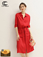 COCOBELLA法式小众红色纯天丝连衣裙衬衫裙赠优酷会员DS1109