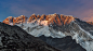 Sunset at Nuptse and Lhotse mountains. Himalayas.