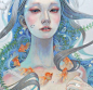 【日本插画家平野実穂(Miho Hirano) 的唯美风格插画作品】
静止的水珠与漂浮在空中的金鱼，让人不禁联想起美人鱼，虚实合一的特色也正是平野实穗最拿手的构图方式。