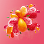 51 ICE : Toda imagem em 3D: Splash de frutas misturadas em formato de gotas + gotinhas + garrafaAll 3D image: Splash of fruit mixed in droplets format + droplets + bottle