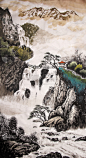 中国,绘画作品,瀑布,传统,亭台楼阁,自然,垂直画幅,云,图像,无人