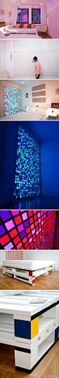 【SD空间设计】德国设计师Fabian Gatermann在一家设计旅馆创建了一个概念房间，名为“the cube room”，房间以“方块”为主题，更有“The Art Matrix”——一个互动的装置，让每个旅客选择喜爱的颜色涂在自选的方块中。www.design360.cn